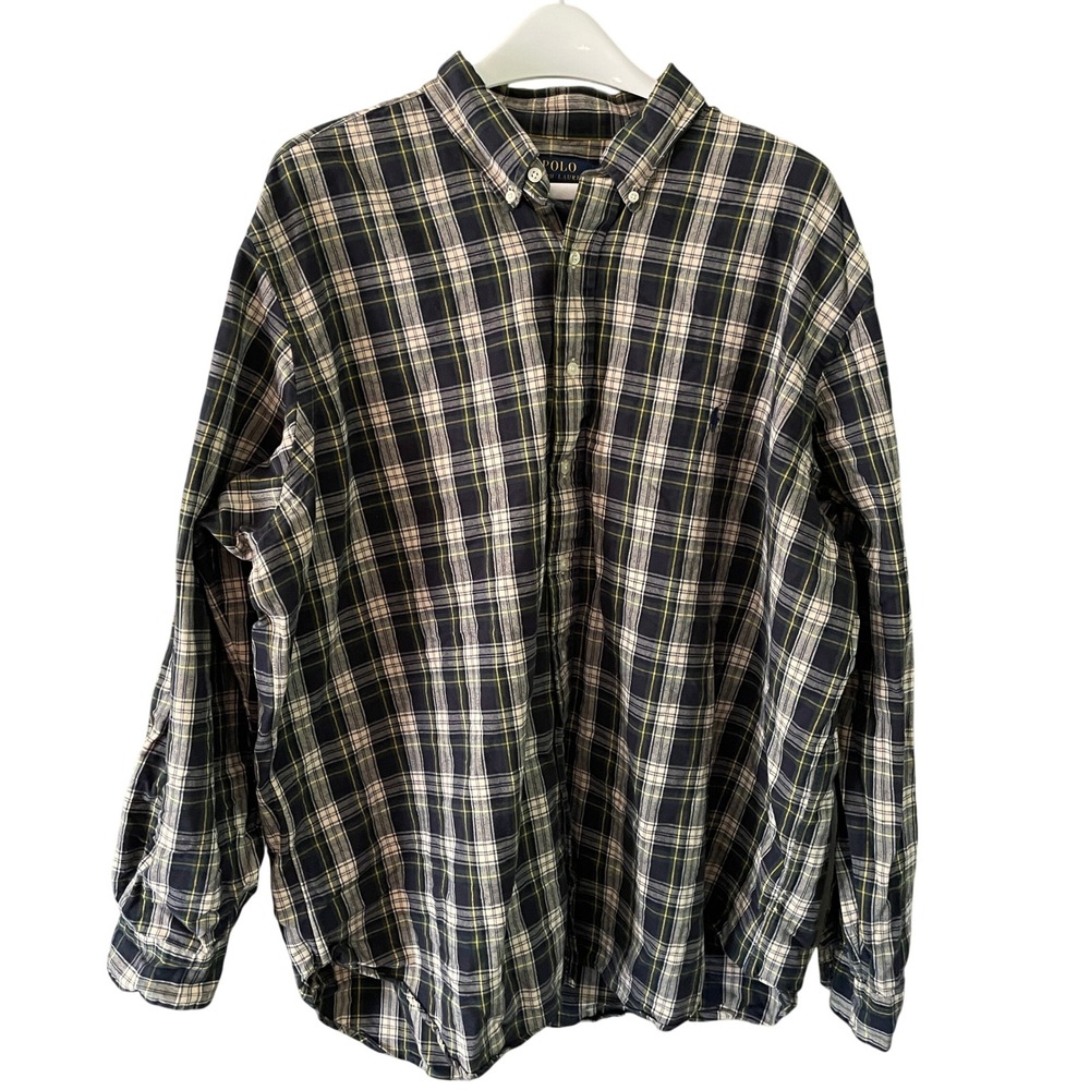 Polo Ralph Lauren Mens 2XB Big & Tall Plaid Button Down Shirt Navy Green Cotton - Picture 2 of 12